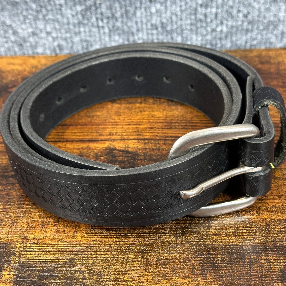 Leather Belt Sz 38 Black Basketweave Tooled To USA Western Cowboy Rugged Country